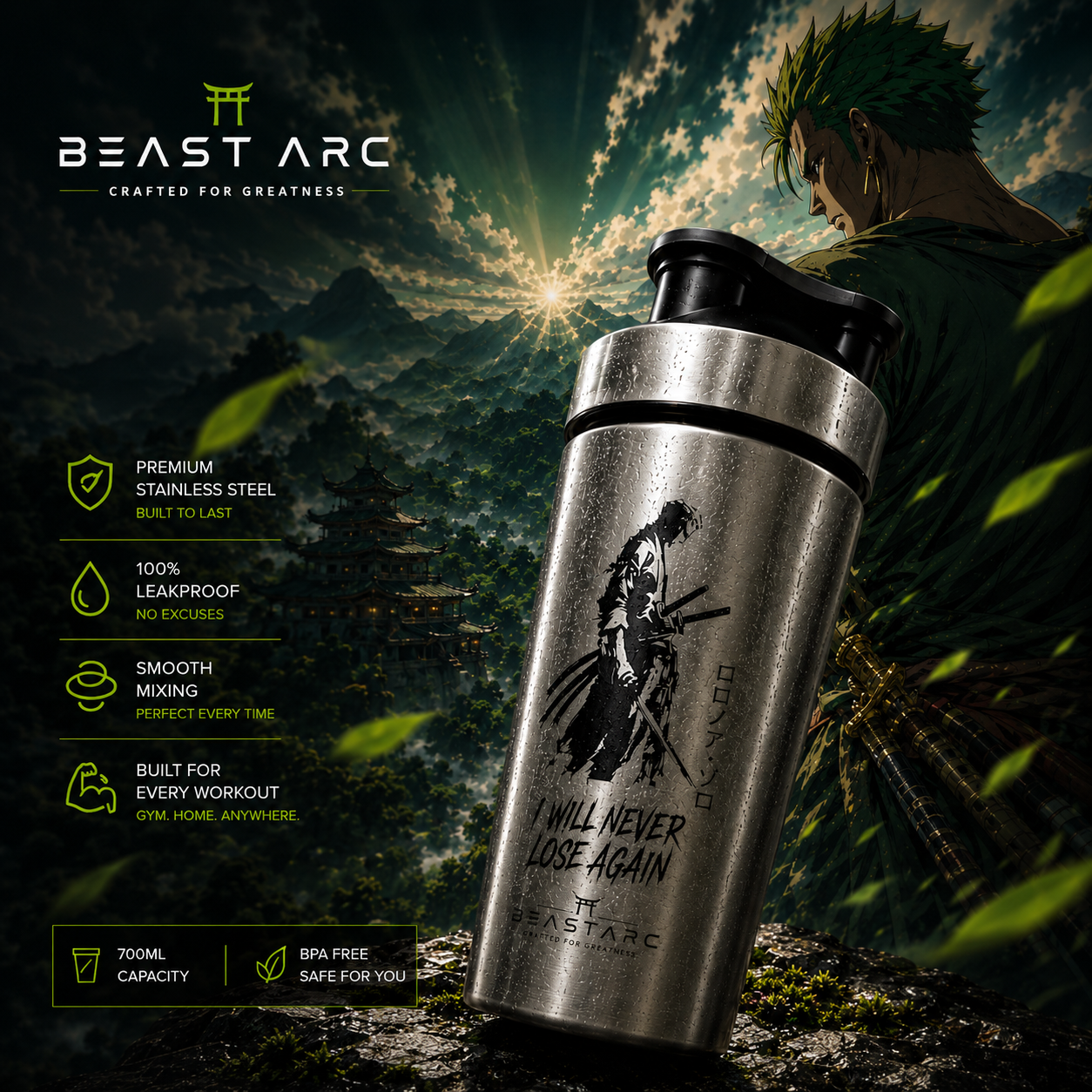 BEAST ARC WARRIOR SERIES VOL. 01 | ZORO EDITION | 700ML STAINLESS STEEL PROTEIN SHAKER
