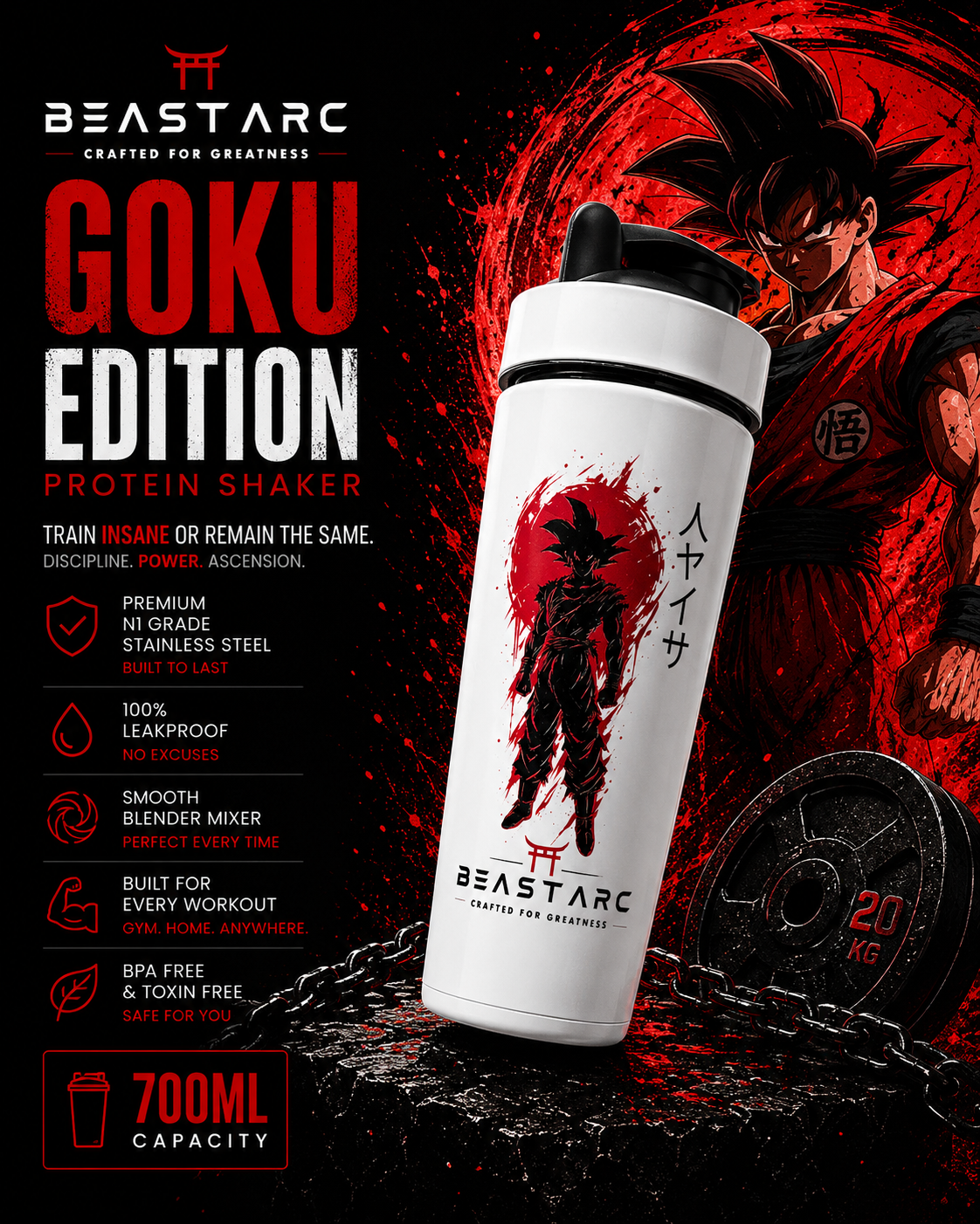 BEAST ARC WARRIOR SERIES VOL. 01 | GOKU POWER EDITION | 700ML STAINLESS STEEL PROTEIN SHAKER