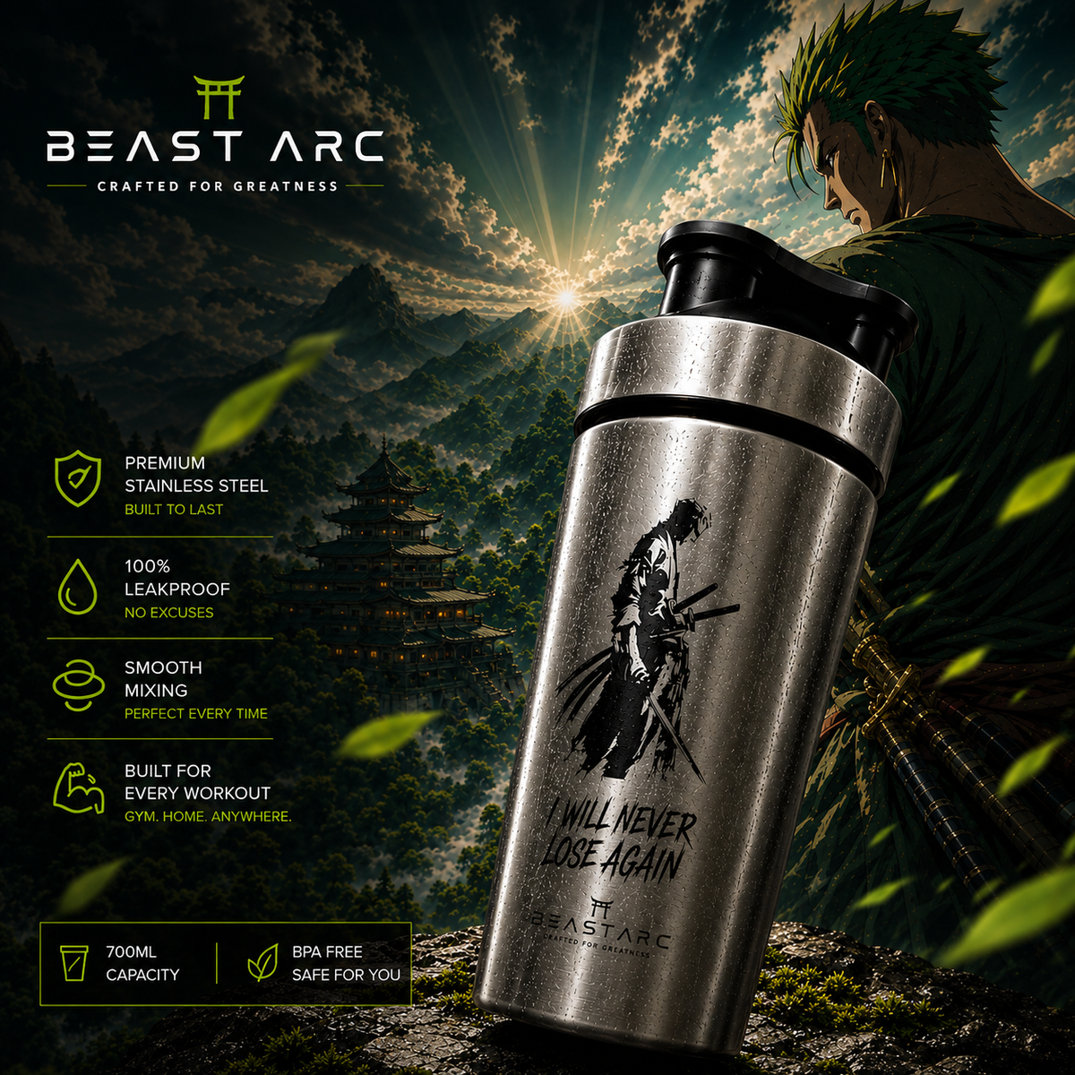 BEAST ARC WARRIOR SERIES VOL. 01 | ZORO EDITION | 700ML STAINLESS STEEL PROTEIN SHAKER